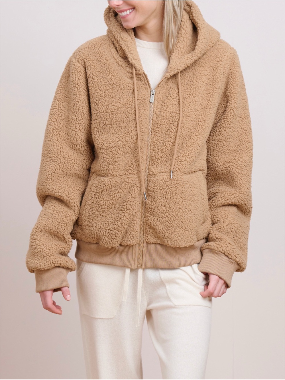 SPLENDID COLLECTION Elsa Cozy Hooded Teddy Jacket in Camel Color Size M